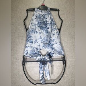 Cider White and Blue Floral Top with Bow